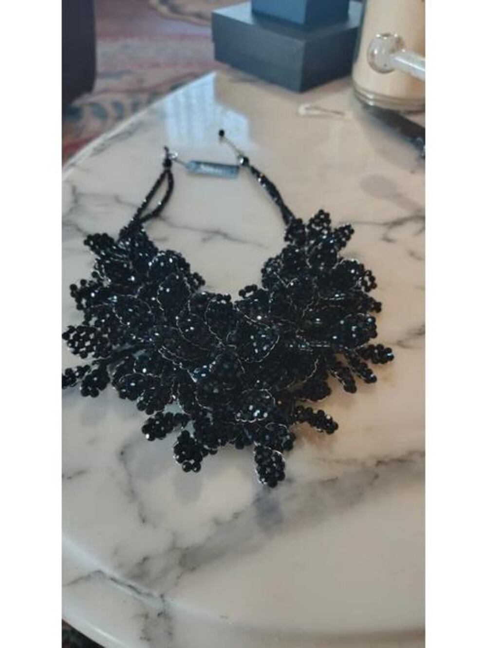 NWT Natasha Black Beaded Floral Statement Bib Necklace Dramatic Chunky Flowers